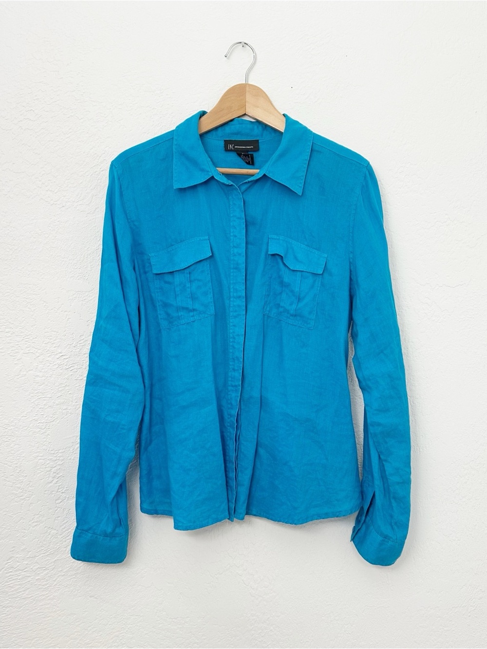 INC International Concepts Teal Blue 100% Linen Button Front Shirt